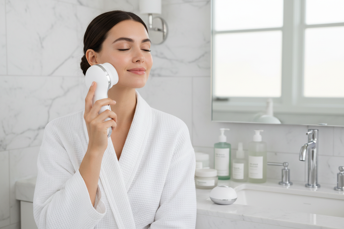 create an authentic image of Multi-Functional Facial Cleansing & Toning Tools used by a woman