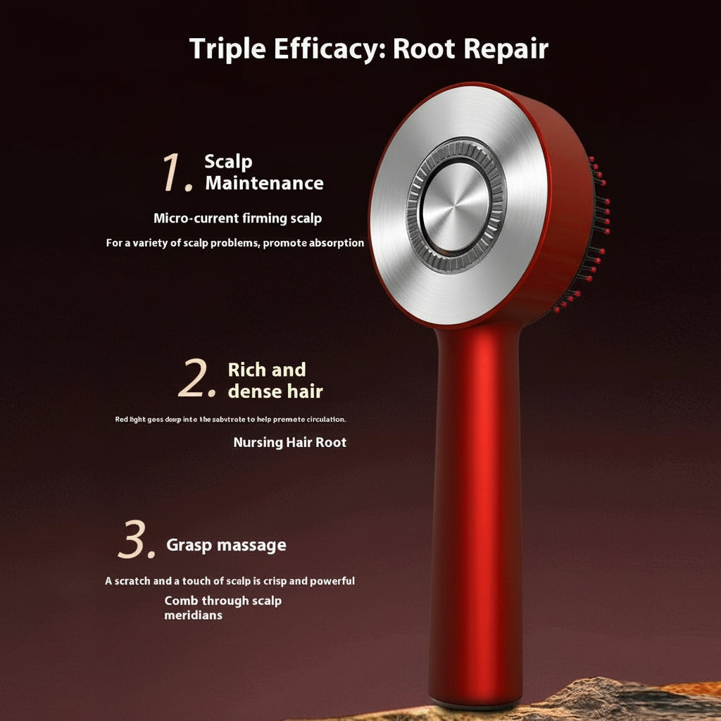 Red hair care device with text on a dark background